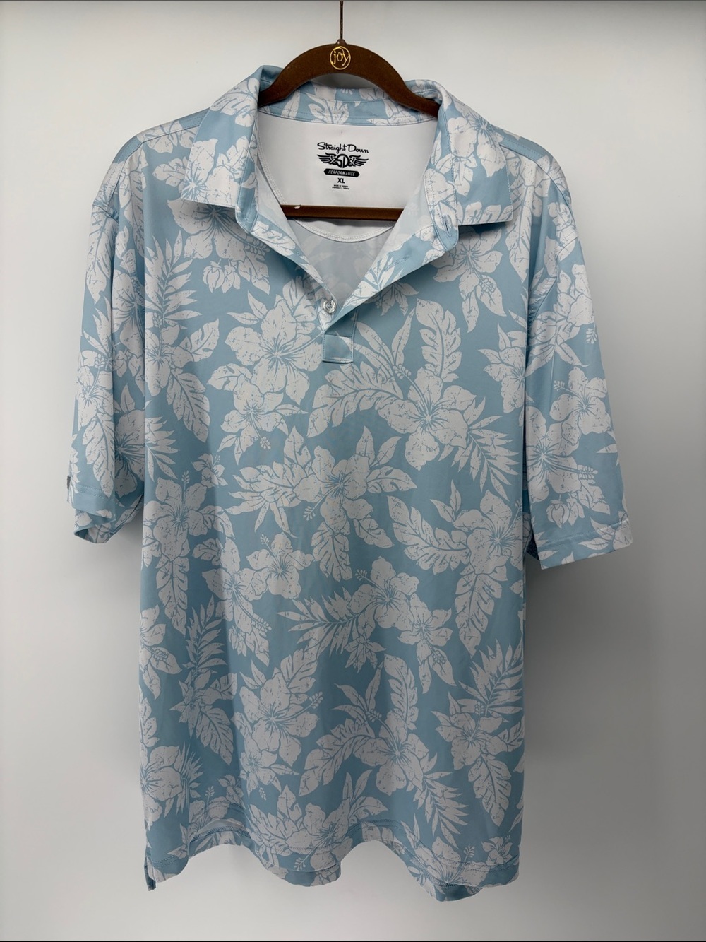 Straight Down Performance Baby Blue White Hawaiian Floral Polo XL